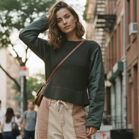 ZARA NYLON SLEEVE WOOL SWEATER / LIGHTLY PADDED NYLON SLEEVES\BACK - SUPER RARE! - Picture 1 of 12